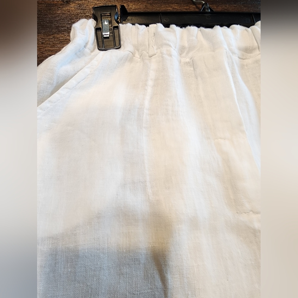 M MADE IN ITALY Bright White 100% Linen Elastic Waist Slim Leg Pants Sz M L27 - Picture 6 of 11